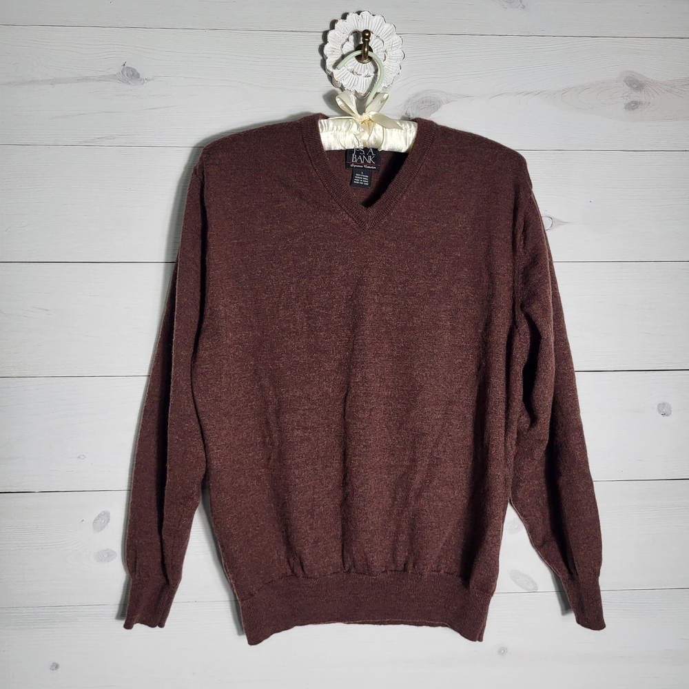 Jos. A. Bank Men's Merino Wool Sweater Brown V-Neck Preppy Fall Cabincore.